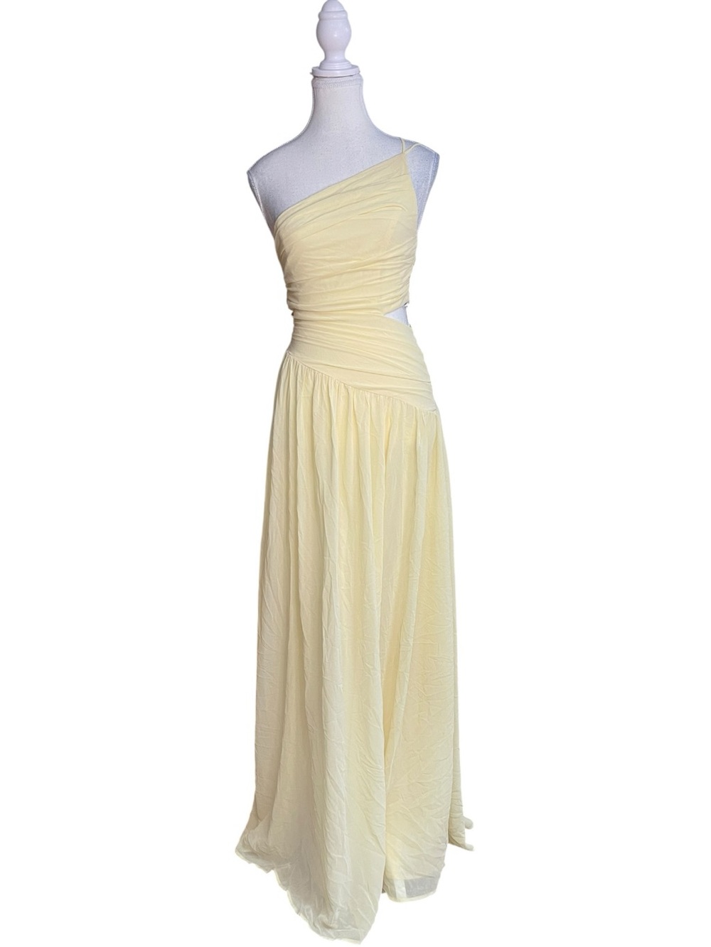 Lulus Marcela Ruched One-Shoulder Maxi Evening Dress Gown Pale Yellow